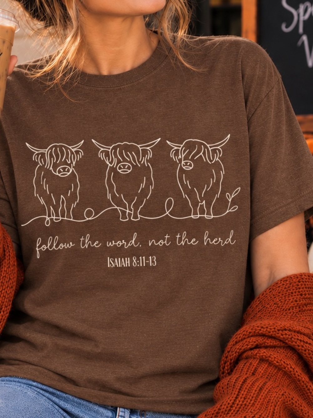 Follow the Word Not The Herd Highland Cow Graphic T- Shirt 100% Cotton